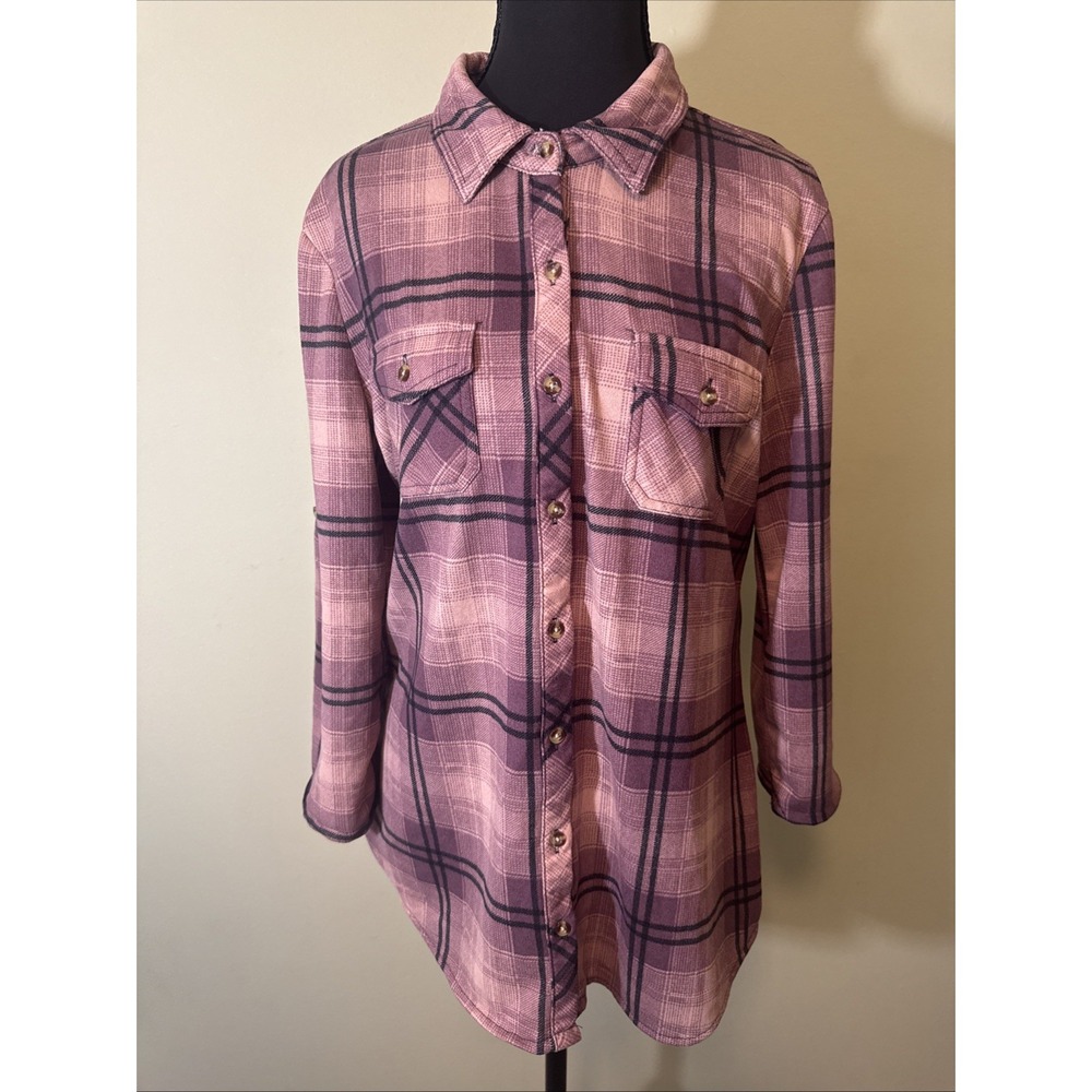 Eden & Olivia Soft Plaid Flannel Shirt Women's M Pink Black Button Up 3/4 Sleeve